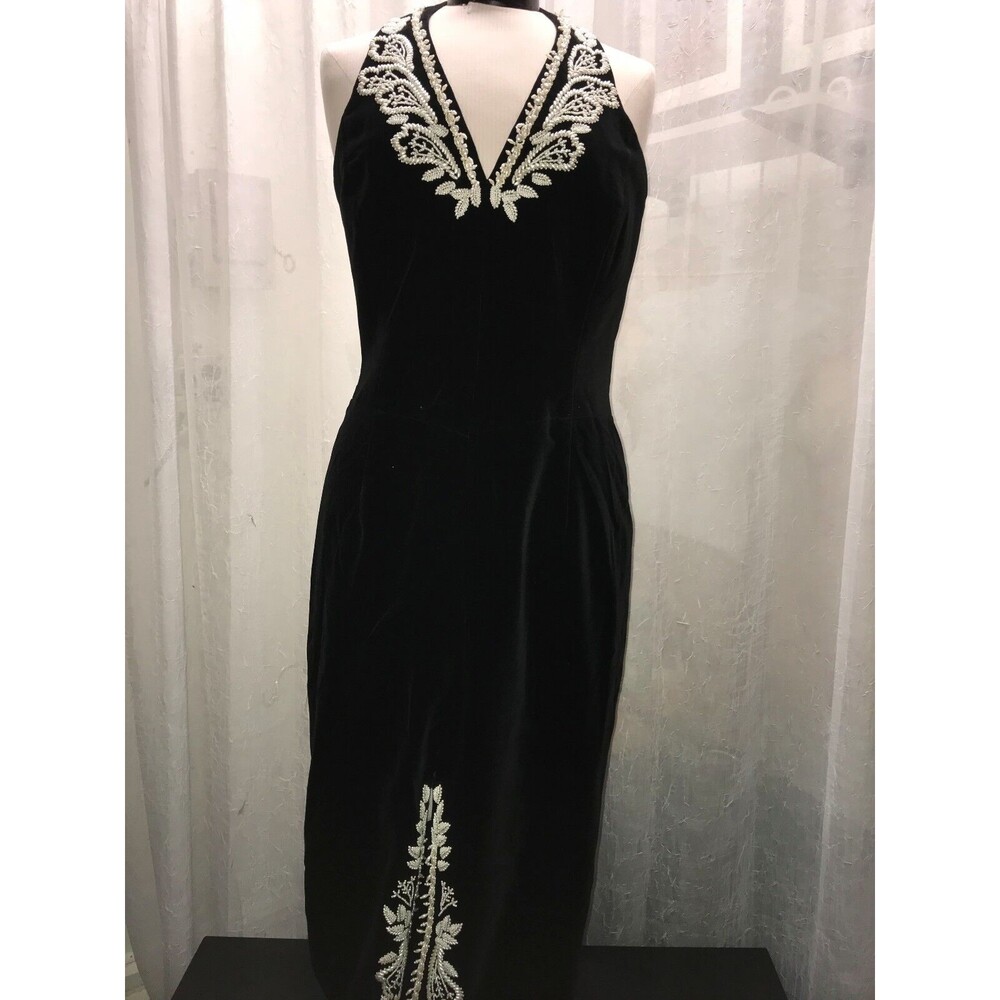 Escada Women's Dress Black Long Formal Gown Halter w/White Beads Size 10